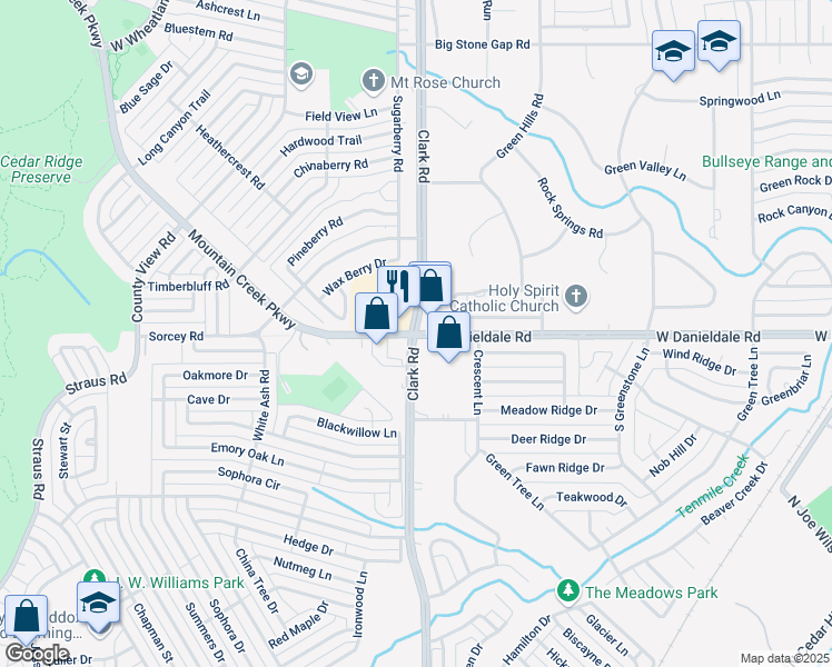 map of restaurants, bars, coffee shops, grocery stores, and more near W Danieldale Rd & S Clark Rd in Duncanville