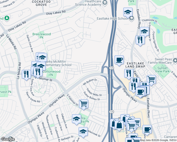 map of restaurants, bars, coffee shops, grocery stores, and more near 1952 Geyserville Street in Chula Vista