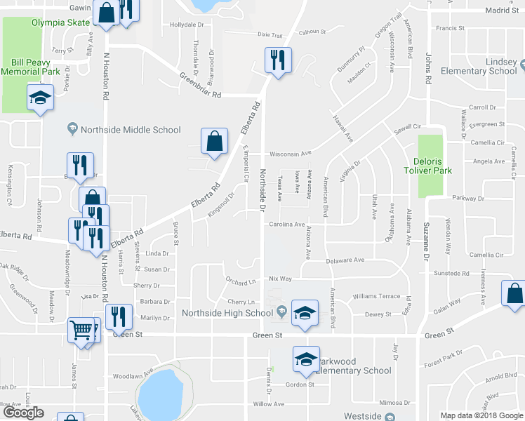 map of restaurants, bars, coffee shops, grocery stores, and more near 599 Northside Drive in Warner Robins