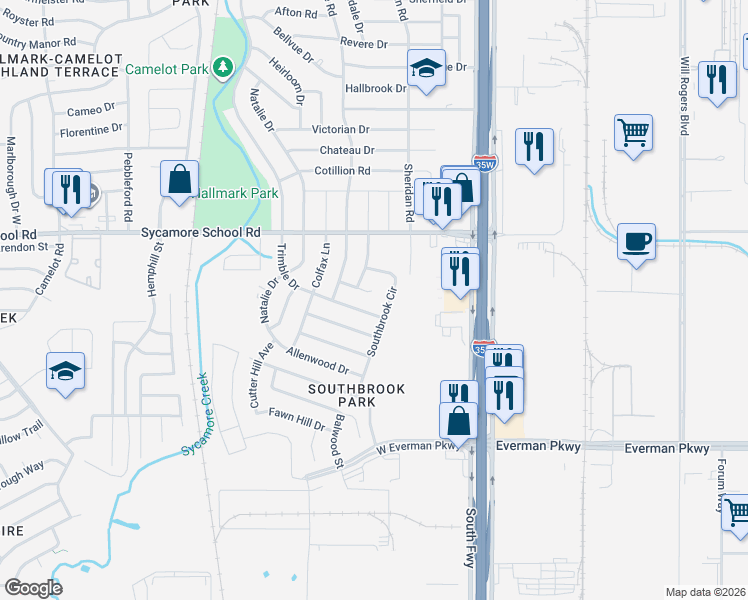 map of restaurants, bars, coffee shops, grocery stores, and more near 8032 Southbrook Circle in Fort Worth