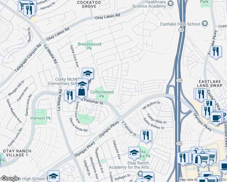 map of restaurants, bars, coffee shops, grocery stores, and more near 1307 Mill Valley Road in Chula Vista