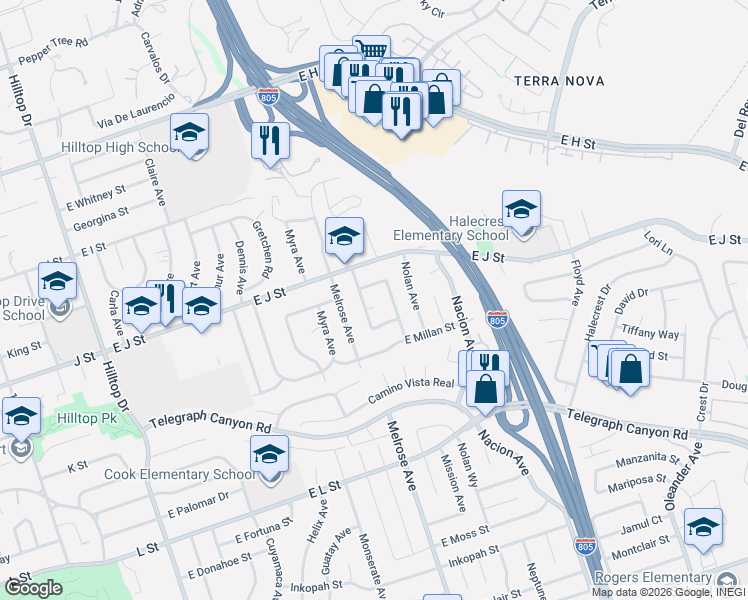 map of restaurants, bars, coffee shops, grocery stores, and more near 304 Margo Court in Chula Vista