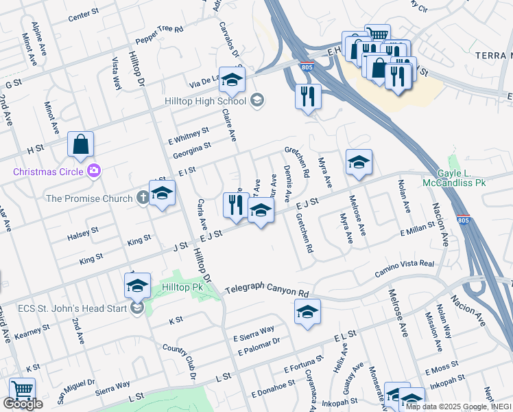 map of restaurants, bars, coffee shops, grocery stores, and more near 687 Robert Avenue in Chula Vista