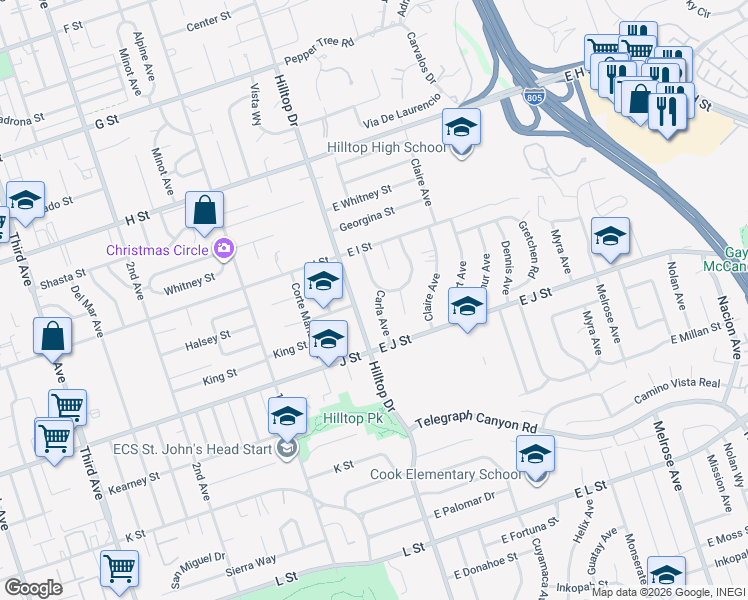 map of restaurants, bars, coffee shops, grocery stores, and more near 661 Carla Avenue in Chula Vista