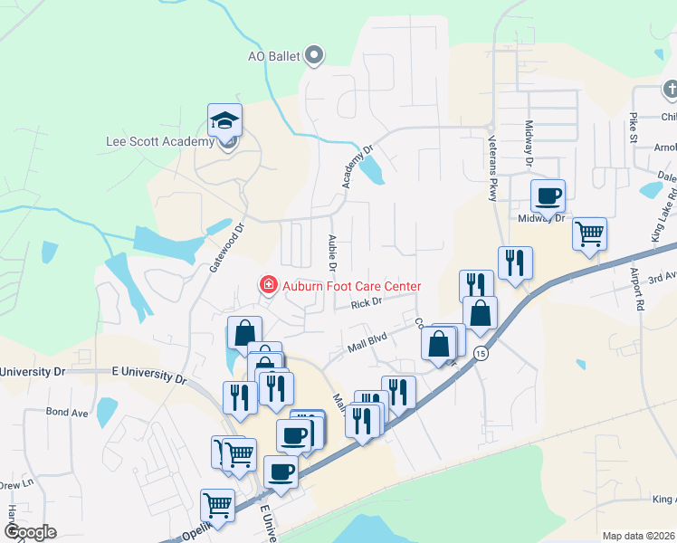 map of restaurants, bars, coffee shops, grocery stores, and more near 1269 Tulip Court in Auburn