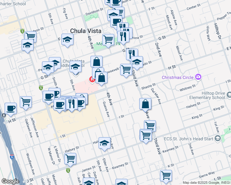 map of restaurants, bars, coffee shops, grocery stores, and more near 520 Glover Avenue in Chula Vista