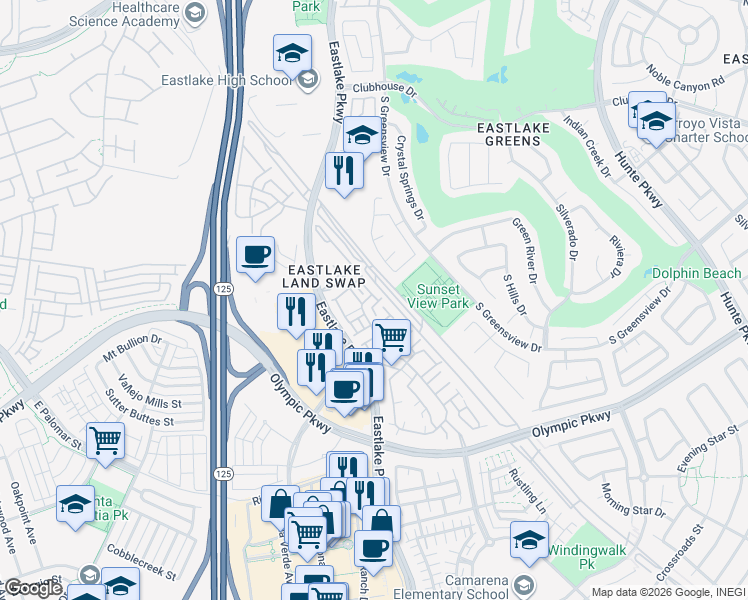 map of restaurants, bars, coffee shops, grocery stores, and more near 2181 Caminito Norina in Chula Vista