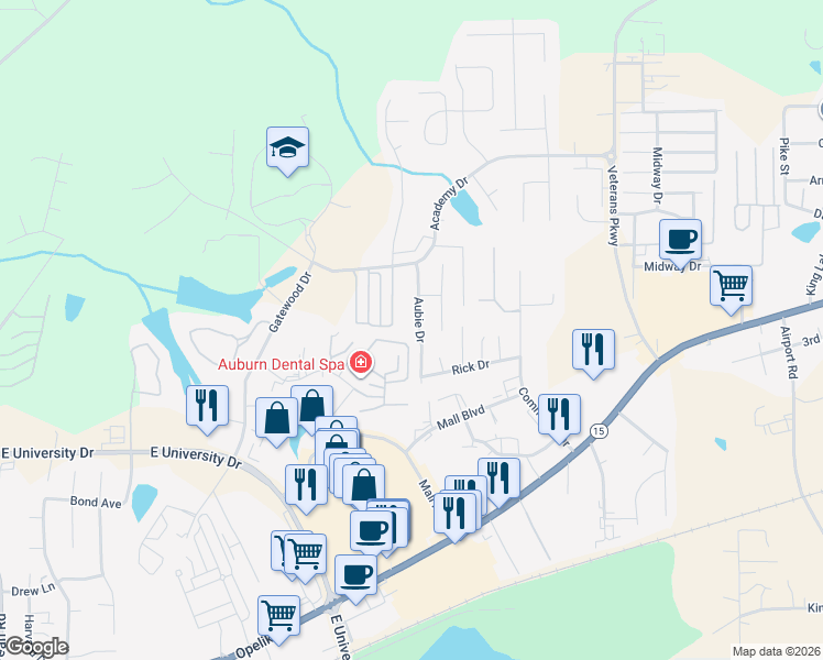 map of restaurants, bars, coffee shops, grocery stores, and more near 1257 Aubie Drive in Auburn
