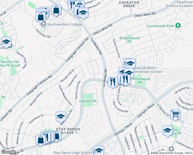 map of restaurants, bars, coffee shops, grocery stores, and more near 1627 East Palomar Street in Chula Vista