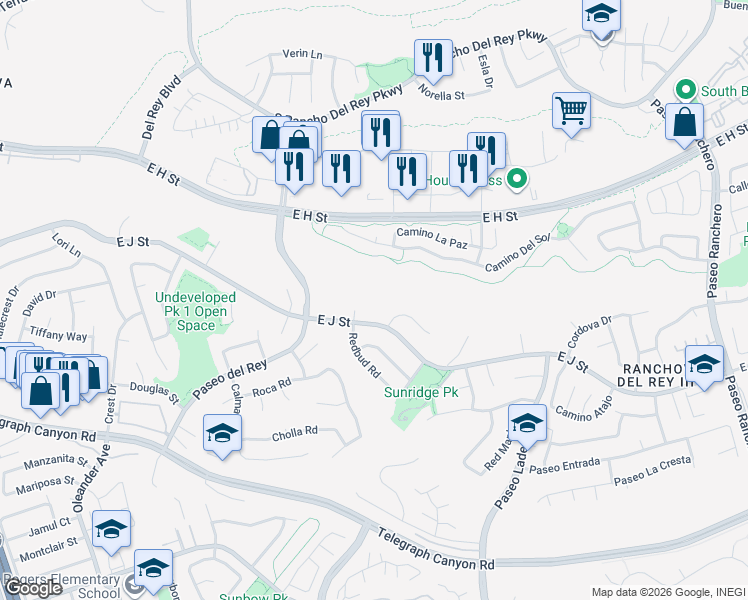map of restaurants, bars, coffee shops, grocery stores, and more near 811 East J Street in Chula Vista
