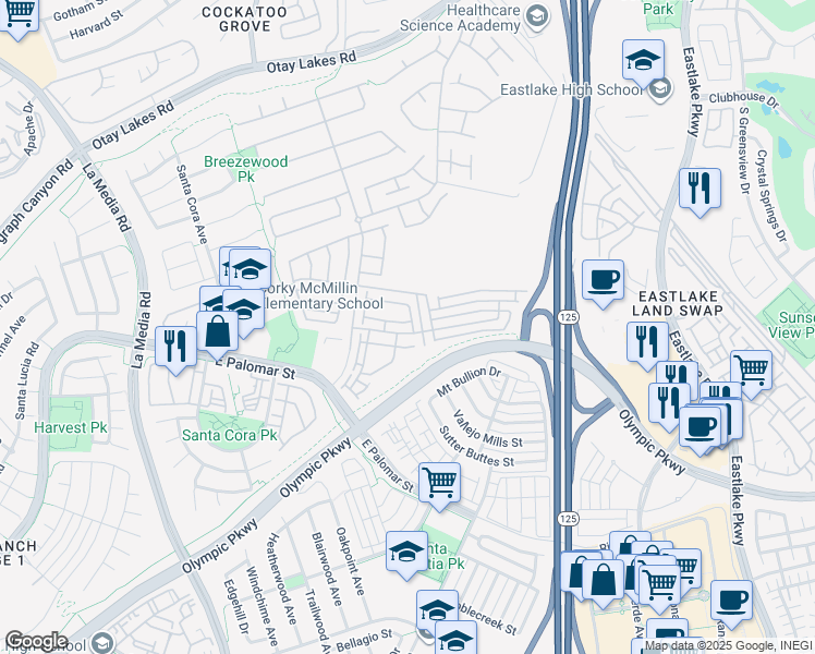 map of restaurants, bars, coffee shops, grocery stores, and more near in Chula Vista