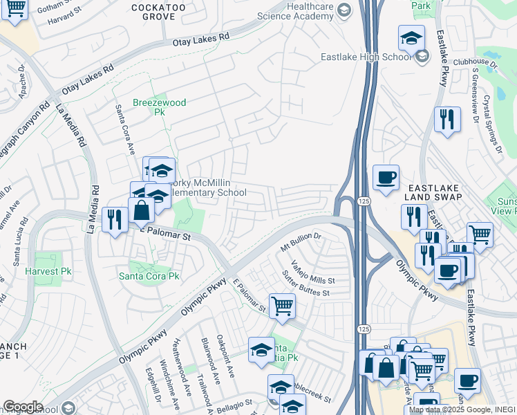 map of restaurants, bars, coffee shops, grocery stores, and more near in Chula Vista