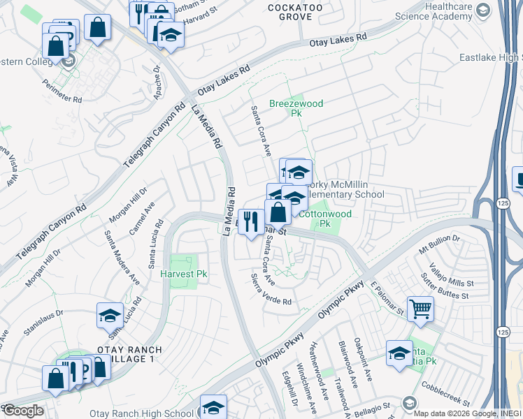 map of restaurants, bars, coffee shops, grocery stores, and more near 1815 Via Capri Street in Chula Vista