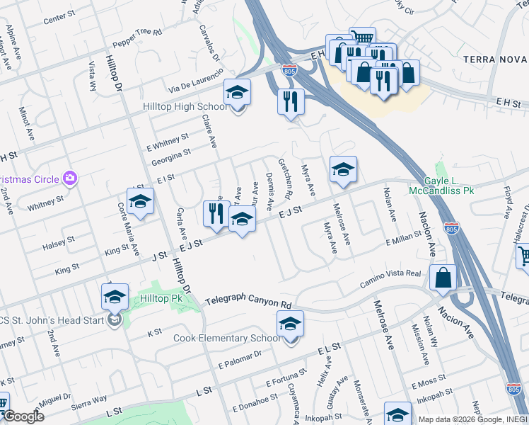 map of restaurants, bars, coffee shops, grocery stores, and more near 131 East J Street in Chula Vista
