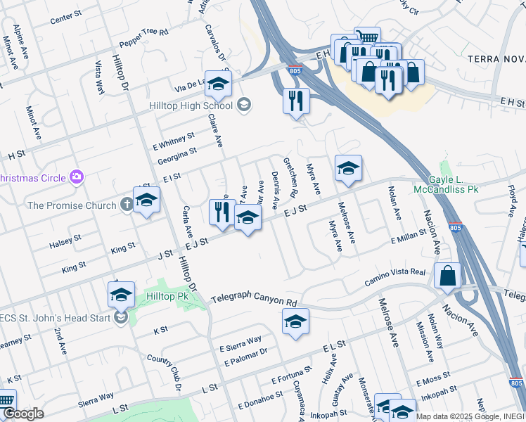 map of restaurants, bars, coffee shops, grocery stores, and more near 131 East J Street in Chula Vista
