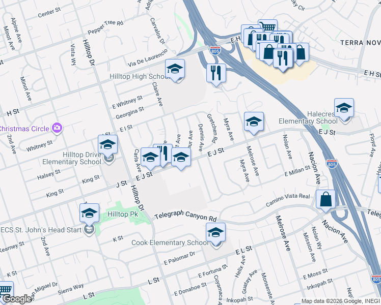 map of restaurants, bars, coffee shops, grocery stores, and more near 131 East J Street in Chula Vista