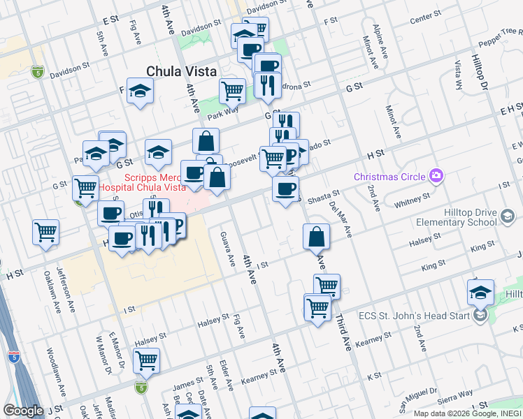 map of restaurants, bars, coffee shops, grocery stores, and more near 534 Glover Avenue in Chula Vista