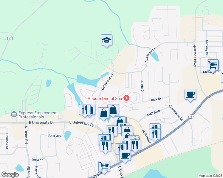 map of restaurants, bars, coffee shops, grocery stores, and more near 1553 Professional Parkway in Auburn