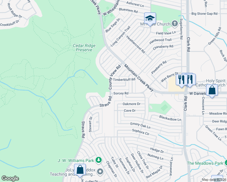 map of restaurants, bars, coffee shops, grocery stores, and more near 101 Straus Road in Cedar Hill