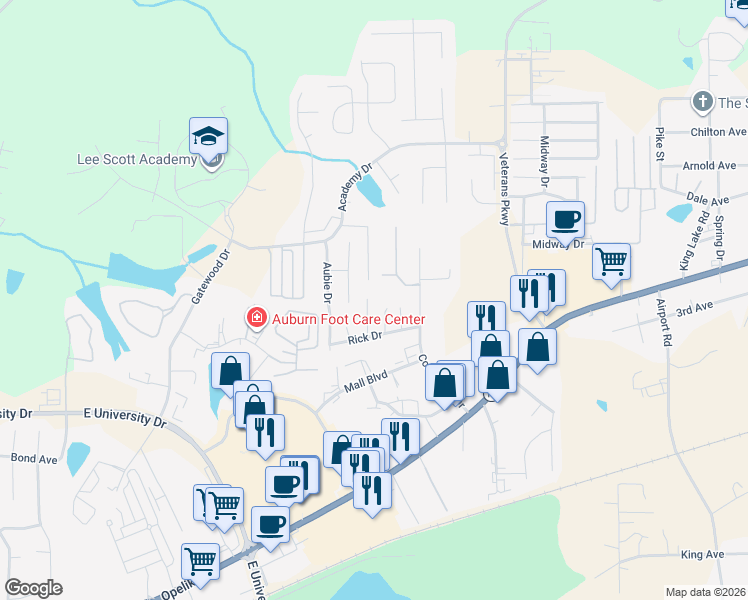 map of restaurants, bars, coffee shops, grocery stores, and more near 1281 Samantha Court in Auburn