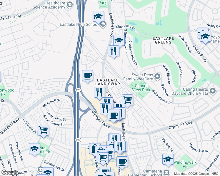 map of restaurants, bars, coffee shops, grocery stores, and more near 2145 Caminito Leonzio in Chula Vista
