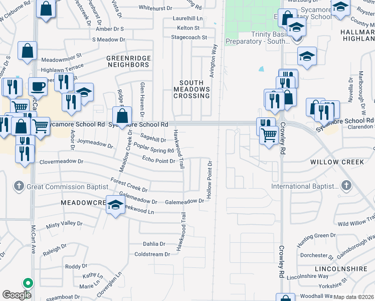 map of restaurants, bars, coffee shops, grocery stores, and more near 2426 Echo Point Drive in Fort Worth