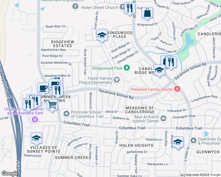 map of restaurants, bars, coffee shops, grocery stores, and more near 7315 Trail Lake Drive in Fort Worth