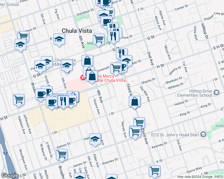 map of restaurants, bars, coffee shops, grocery stores, and more near 515 Glover Avenue in Chula Vista