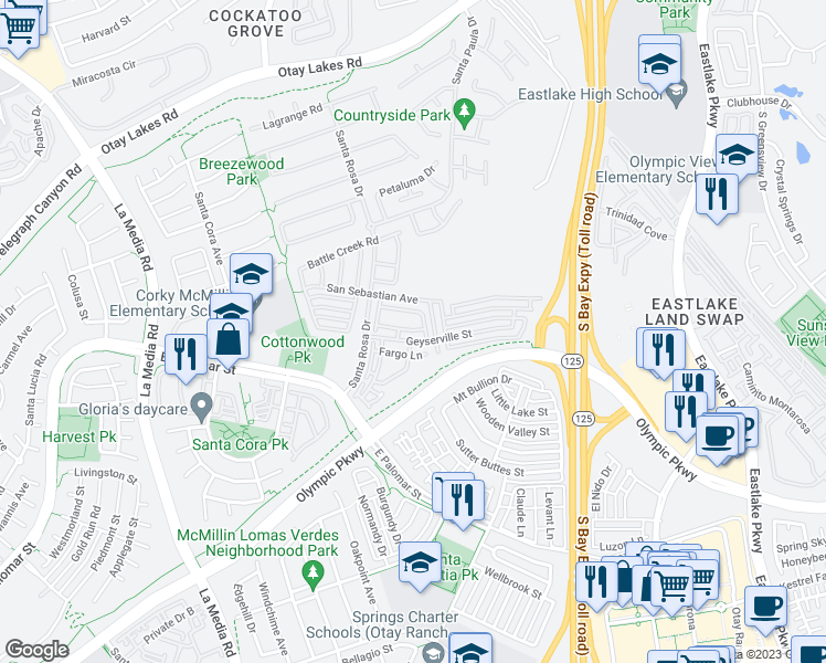 map of restaurants, bars, coffee shops, grocery stores, and more near 1880 Platte River Lane in Chula Vista