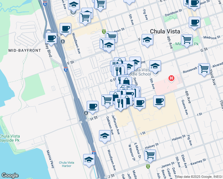 map of restaurants, bars, coffee shops, grocery stores, and more near 616 G Street in Chula Vista