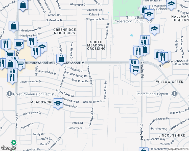 map of restaurants, bars, coffee shops, grocery stores, and more near 2426 Echo Point Drive in Fort Worth