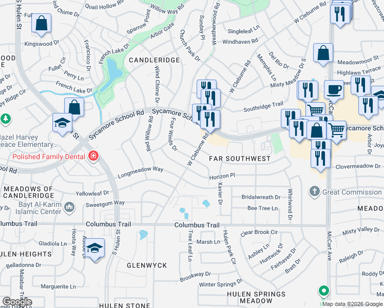 map of restaurants, bars, coffee shops, grocery stores, and more near 7640 Four Winds Drive in Fort Worth