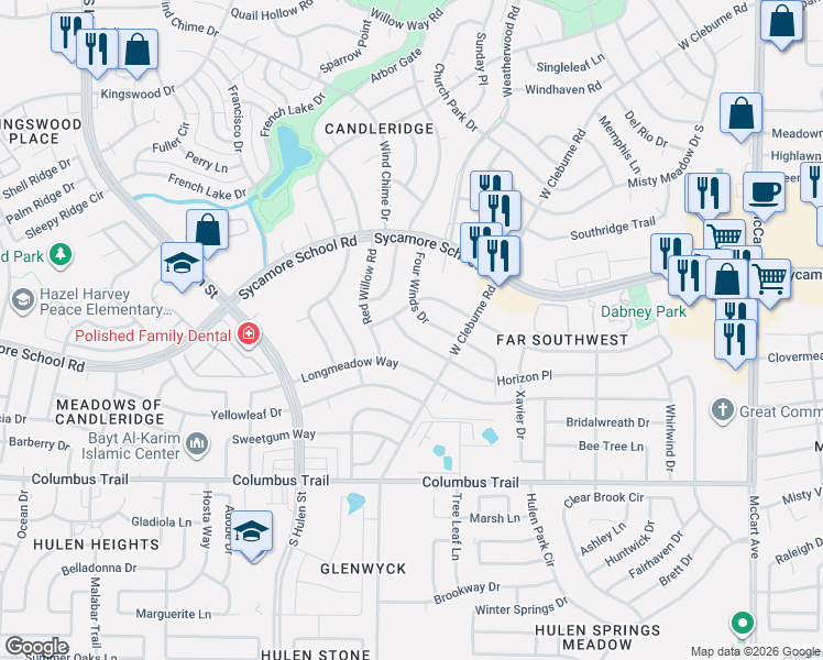 map of restaurants, bars, coffee shops, grocery stores, and more near 4025 Horizon Place in Fort Worth