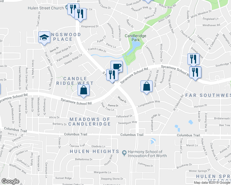 map of restaurants, bars, coffee shops, grocery stores, and more near 7505 Palmetto Drive in Fort Worth