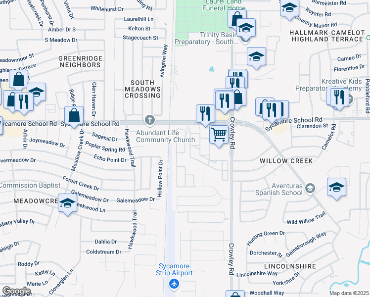 map of restaurants, bars, coffee shops, grocery stores, and more near Samantha Drive in Fort Worth