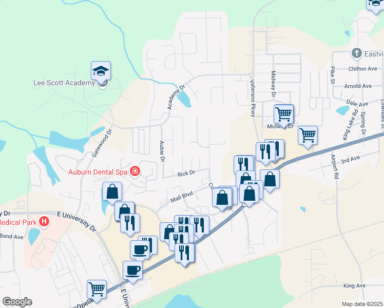 map of restaurants, bars, coffee shops, grocery stores, and more near 1281 Samantha Court in Auburn