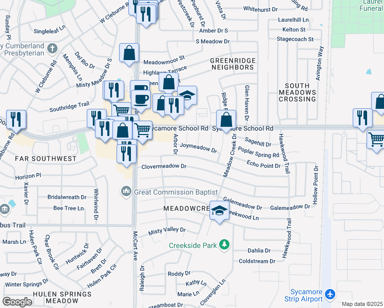 map of restaurants, bars, coffee shops, grocery stores, and more near 3104 Woodlark Drive in Fort Worth