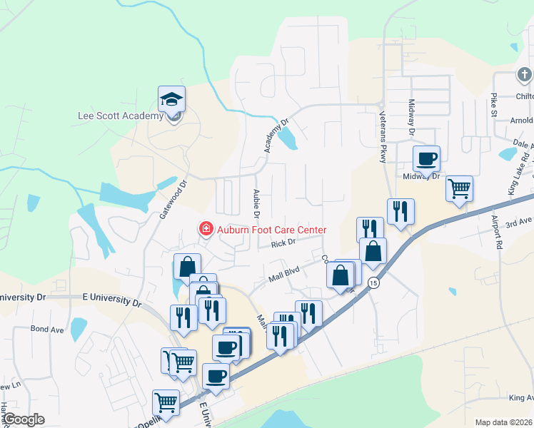 map of restaurants, bars, coffee shops, grocery stores, and more near 1277 Tulip Court in Auburn