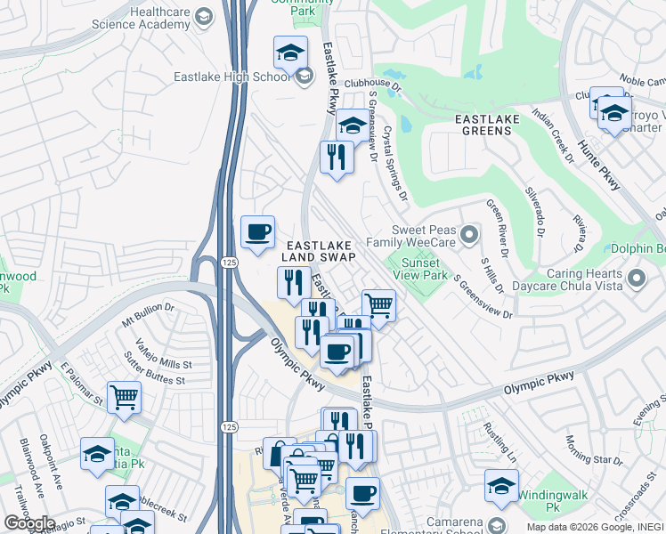 map of restaurants, bars, coffee shops, grocery stores, and more near 2145 Caminito Elda in Chula Vista