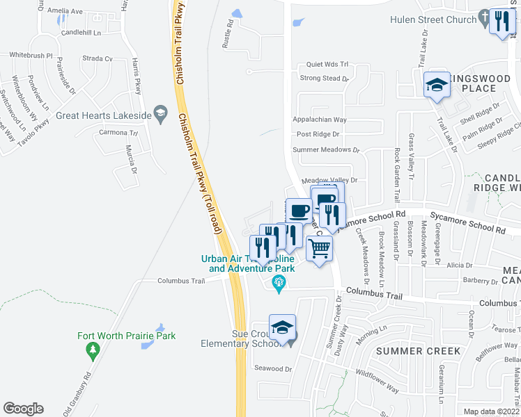 map of restaurants, bars, coffee shops, grocery stores, and more near 5444 Buckboard in Fort Worth