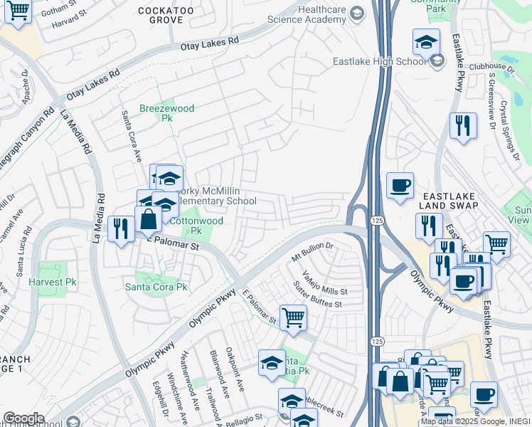 map of restaurants, bars, coffee shops, grocery stores, and more near 1880 Platte River Lane in Chula Vista
