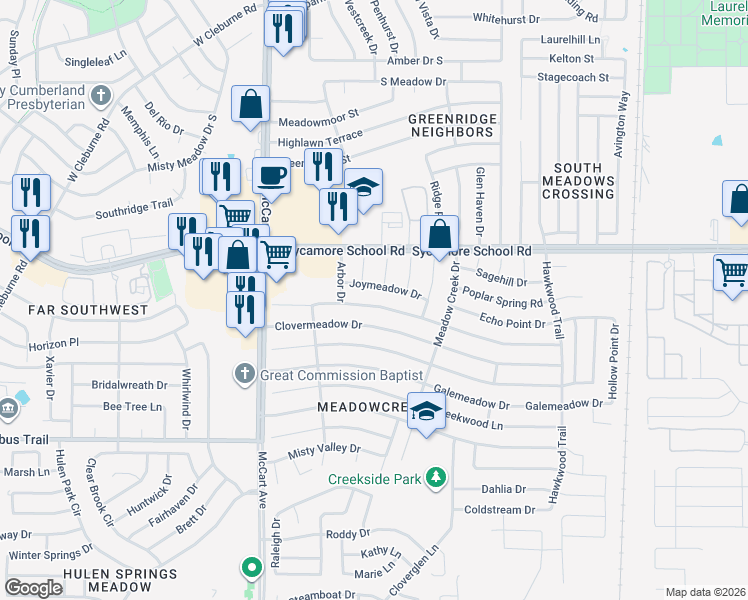 map of restaurants, bars, coffee shops, grocery stores, and more near 3104 Woodlark Drive in Fort Worth