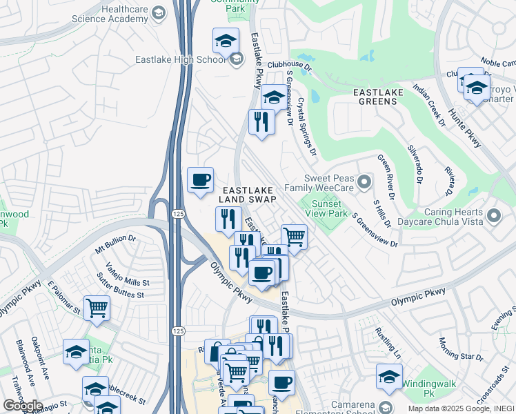 map of restaurants, bars, coffee shops, grocery stores, and more near 2145 Caminito Leonzio in Chula Vista