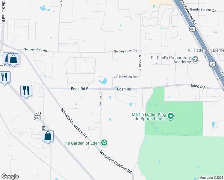 map of restaurants, bars, coffee shops, grocery stores, and more near 5610 Eden Road in Kennedale