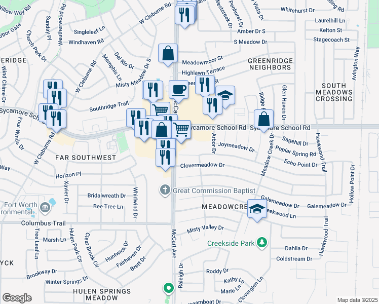map of restaurants, bars, coffee shops, grocery stores, and more near 3312 Woodlark Drive in Fort Worth