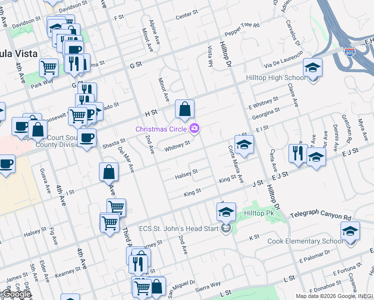 map of restaurants, bars, coffee shops, grocery stores, and more near 132 I Street in Chula Vista