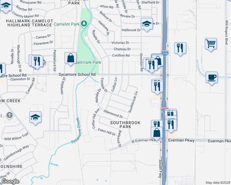map of restaurants, bars, coffee shops, grocery stores, and more near 8004 Colfax Lane in Fort Worth