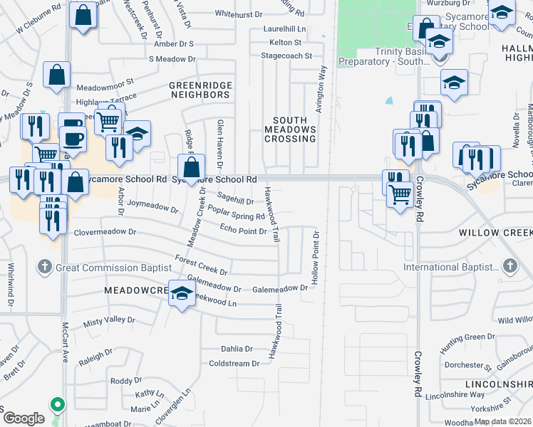 map of restaurants, bars, coffee shops, grocery stores, and more near 2500 Echo Point Drive in Fort Worth