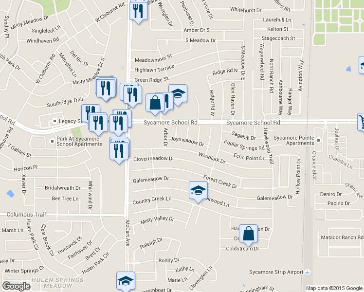 map of restaurants, bars, coffee shops, grocery stores, and more near 3101 Woodlark Drive in Fort Worth