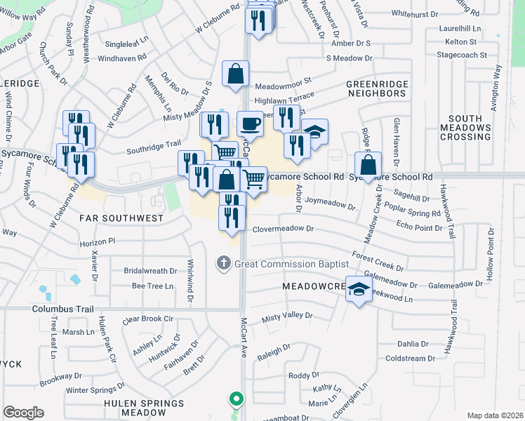 map of restaurants, bars, coffee shops, grocery stores, and more near 3304 Clovermeadow Drive in Fort Worth